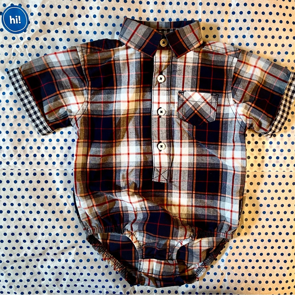 Ben Sherman Short Sleeve Plaid Collared Button Down Bodysuit, Size 3-6M